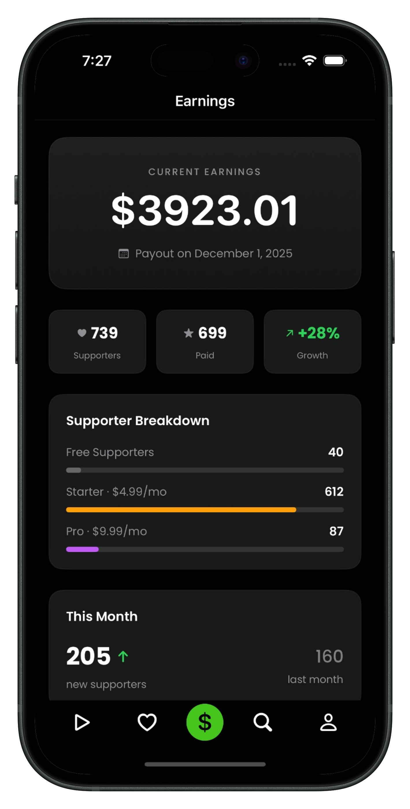 DubCam Earnings Screen